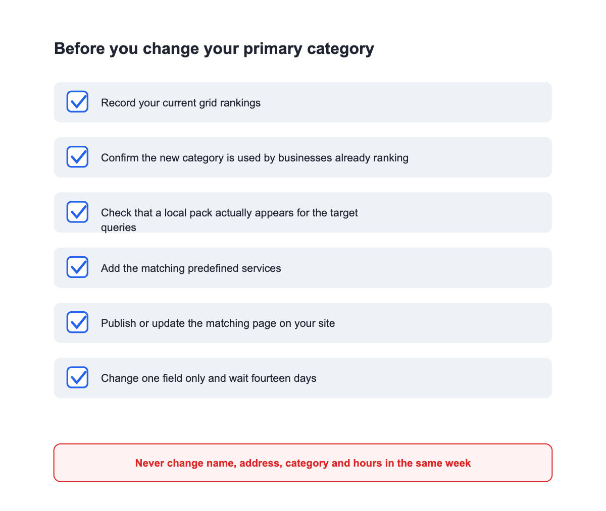 "Checklist of six steps to complete before changing a Google Business Profile primary category"